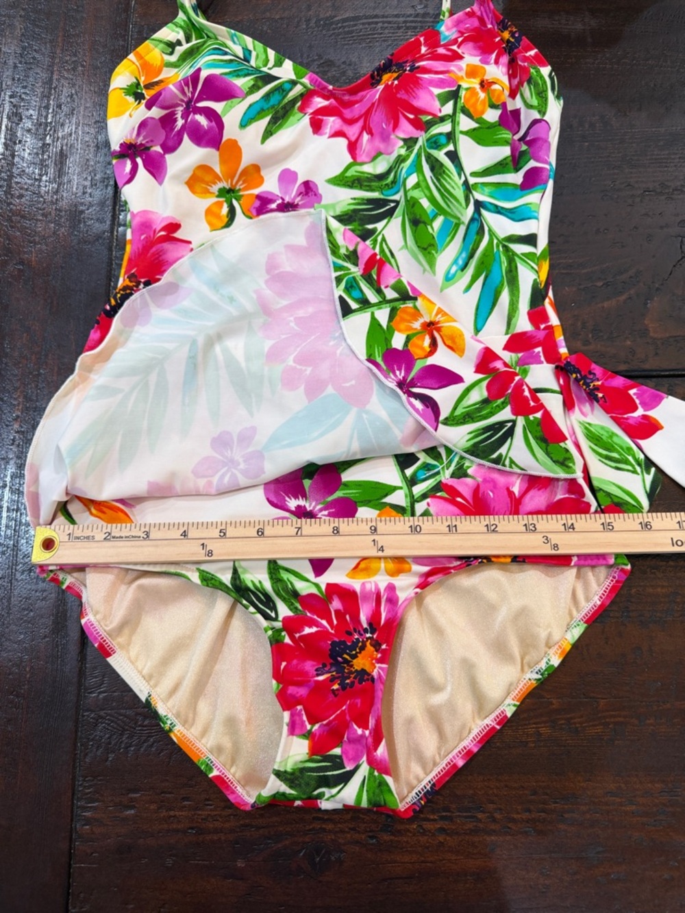 Tropical Floral Maxine of Hollywood Sarong Front One Piece Swimsuit Size 12 - Picture 9 of 15